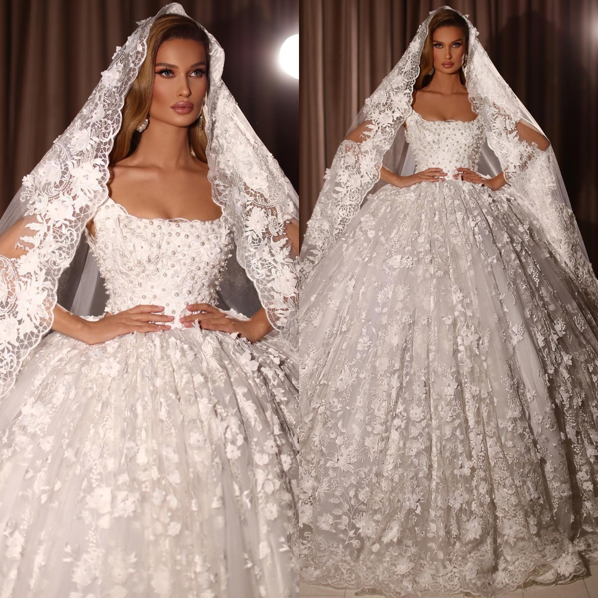 Lace Ball Gown Dresses Square Neck Pearls Princess Wedding Dress Sweep Train Bridal Gowns