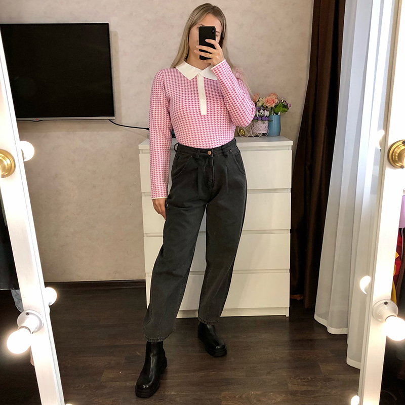 Women's Jumpsuits Rompers MEIYANGYOUNG Houndstooth Pink Bodysuit Women Knitted Overalls Shorts Long Sleeve Sweater Bodysuits Rompers Outfits For 