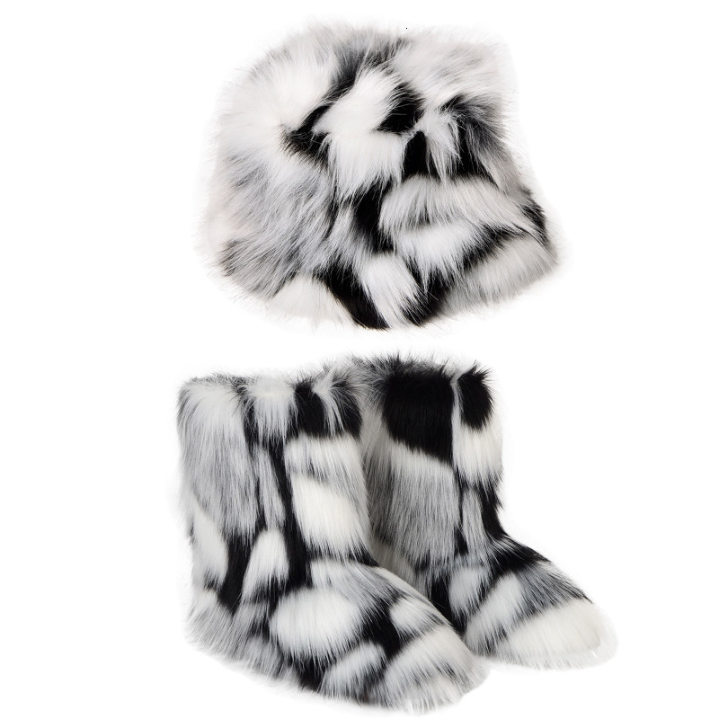 Boots Winter Warm Women Fur Boot Woman Fluffy Faux Fur Fisherman Hat Set Ladies Plush Snow Boot Outside Female Furry Slip on Shoe Bota 230809