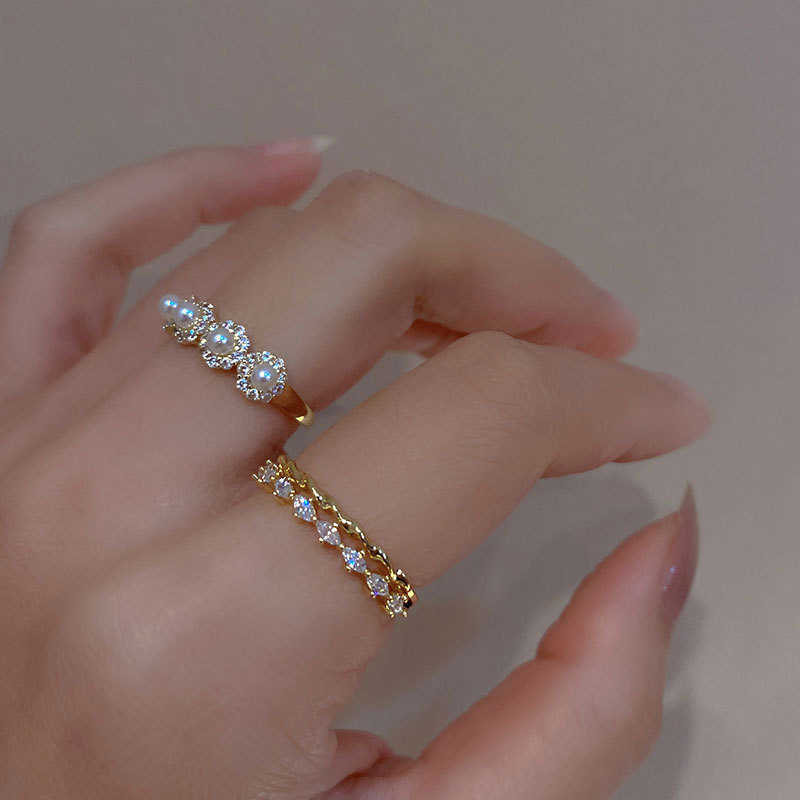 Band Rings Fashion 925 Sterling Silver Double Layer Pearl Ring with Diamond Opening Adjustable Index Finger Ring Women's Wedding Jewelry