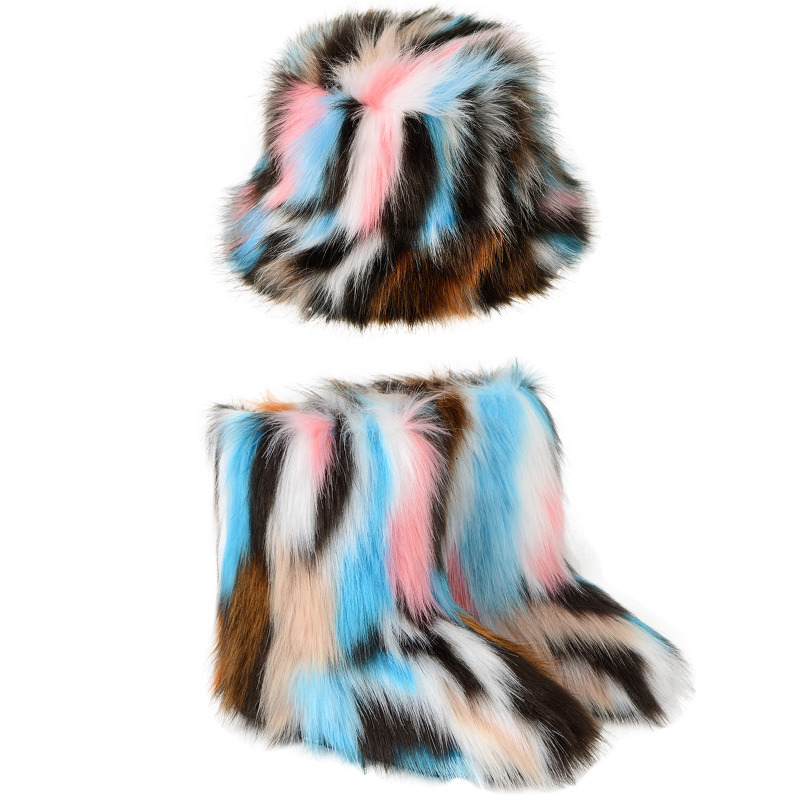 Boots Winter Warm Women Fur Boot Woman Fluffy Faux Fur Fisherman Hat Set Ladies Plush Snow Boot Outside Female Furry Slip on Shoe Bota 230809