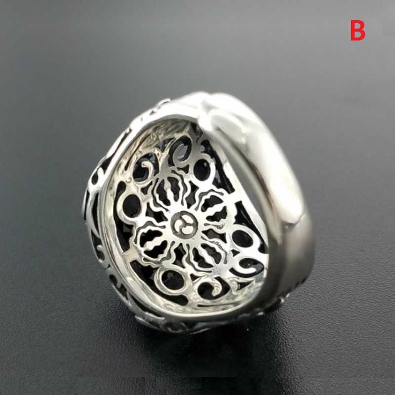 Band Rings Real 925 Silver Black Garnet S925 ring For Men Female Engraved Flower Fashion Open Size S925 ring Sterling Thai Silver Jewelry