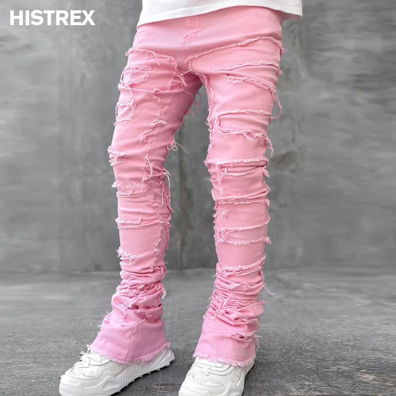 Mens Jeans Quality Streetwise Stretch Patch Men European American Heavyweight Pants High Street Hip Hop Y2K Straight Fit Long 230810
