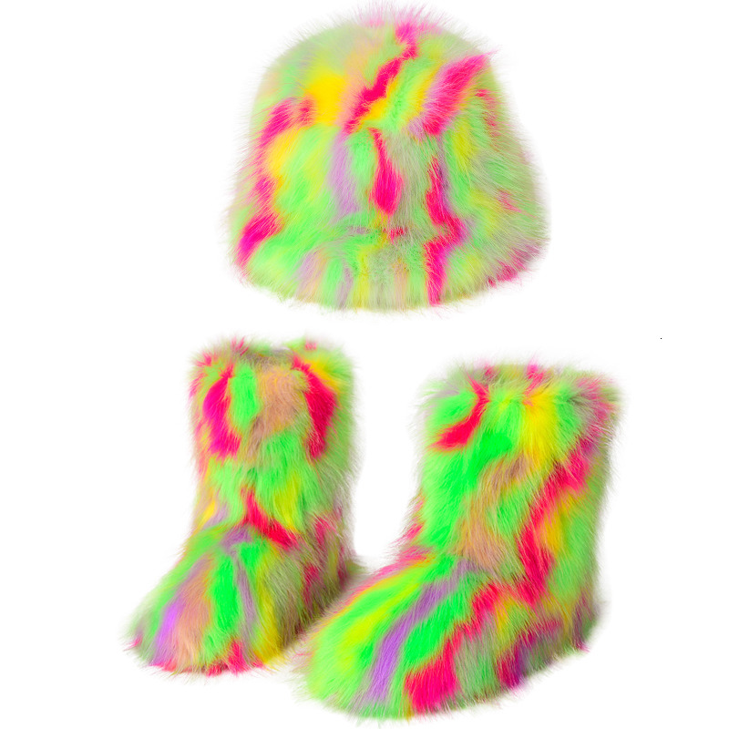 Boots Winter Warm Women Fur Boot Woman Fluffy Faux Fur Fisherman Hat Set Ladies Plush Snow Boot Outside Female Furry Slip on Shoe Bota 230809