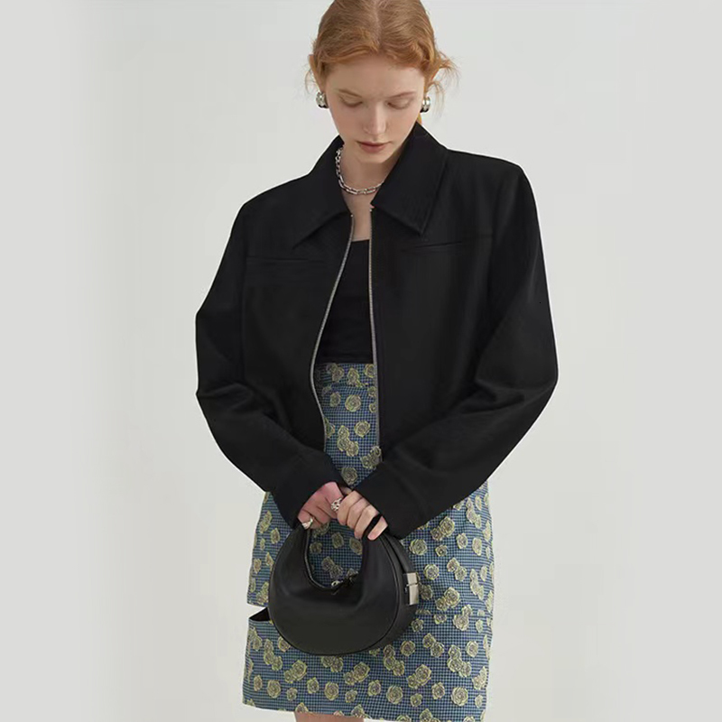 Women's Jacket Black Crop Jackets Y2K Korean Fashion Chic Turndown Collar Long Sleeve All Match Cardigan Autumn Casual Zipper Outerwear 230809