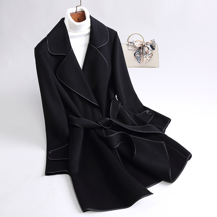 OC440m20# Women's Wrap Coat Winter Commuting Attire Double-sided Cashmere Coat with Medium Length Contrasting Wool