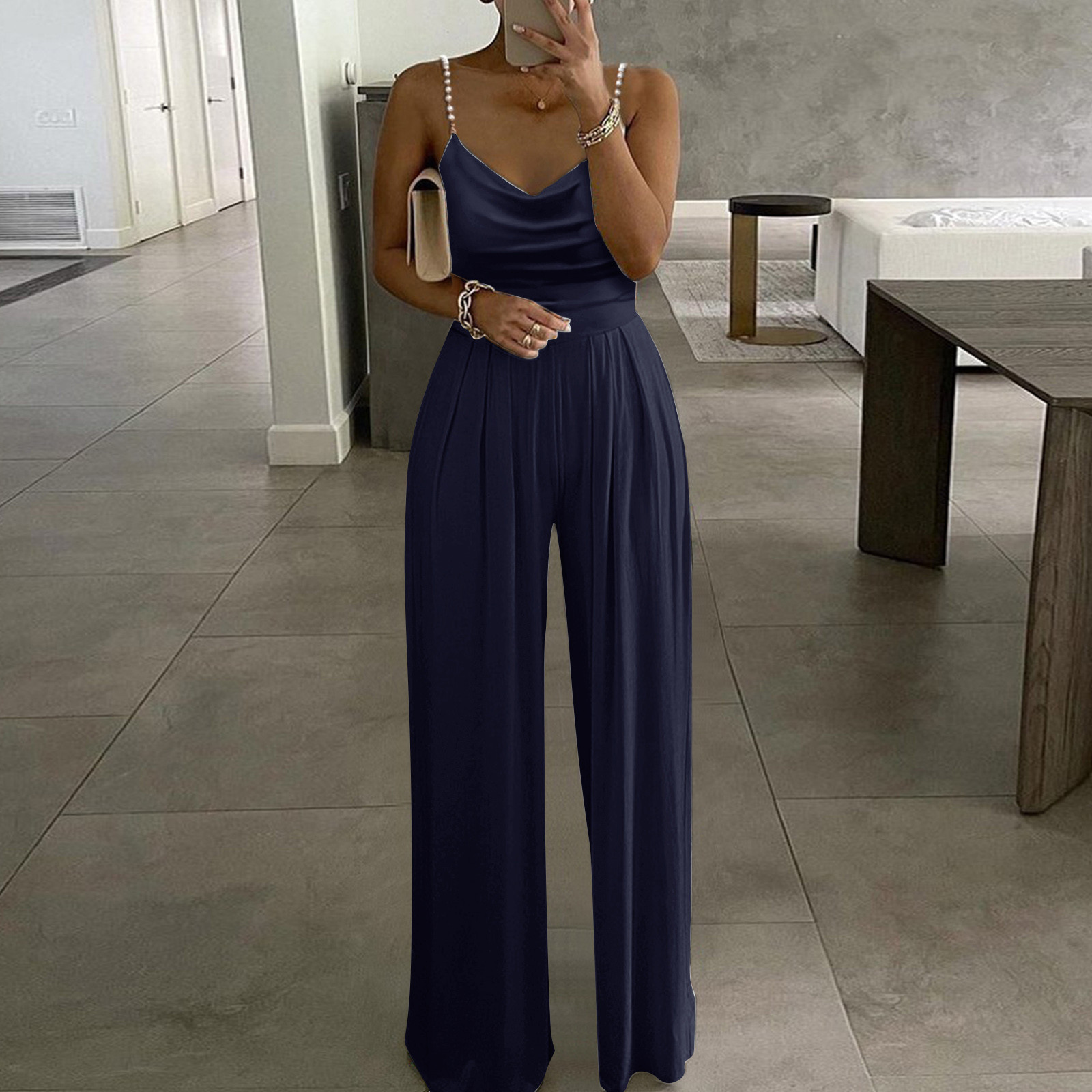 Women's Jumpsuits Rompers Womens Casual Solid Color Two Pearl Strap Pink Sweetheart V-Neck High Waist Tube Jumpsuit Pants Summer Dressy Maternity