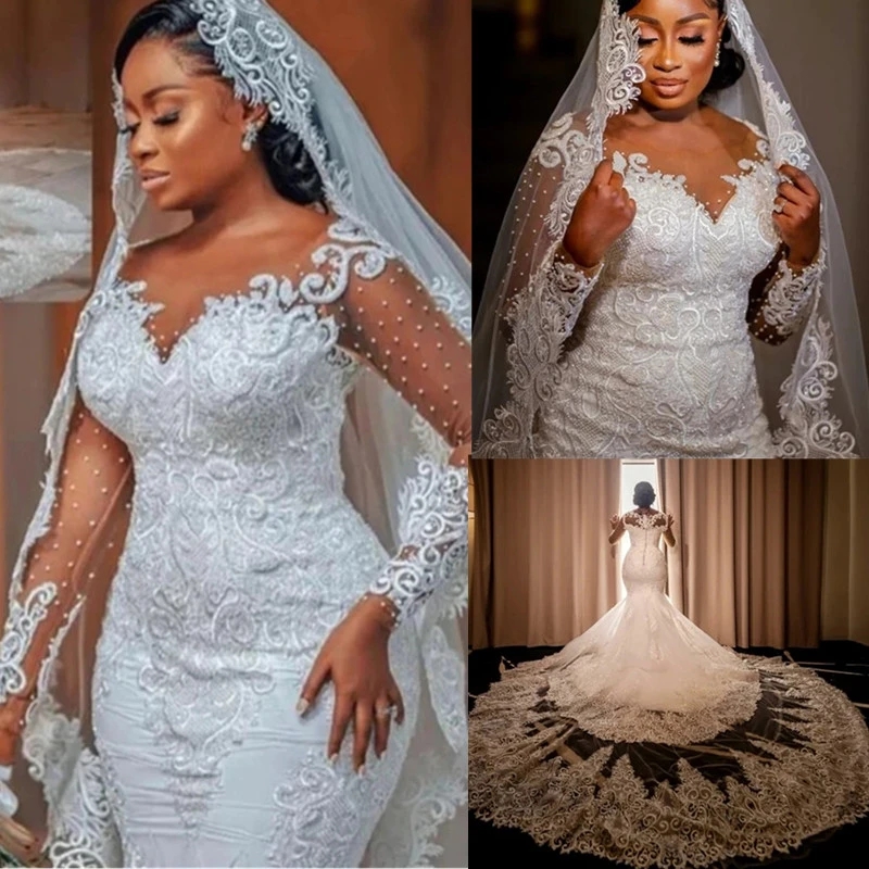 Arabic Plus Size Mermaid Crystals Wedding Dress Floral Lace Long Sleeves Muslim Bridal Gowns Vestido De Noiva Romantic Appliques Ruffles