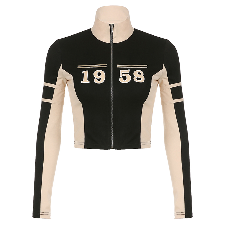 Womens Jackets Darlingaga Harajuku Patchwork Zip Up Autumn Jacket Female Sporty Casual Digital Skinny Turtleneck Coat Moto Biker Style Outwear 230809