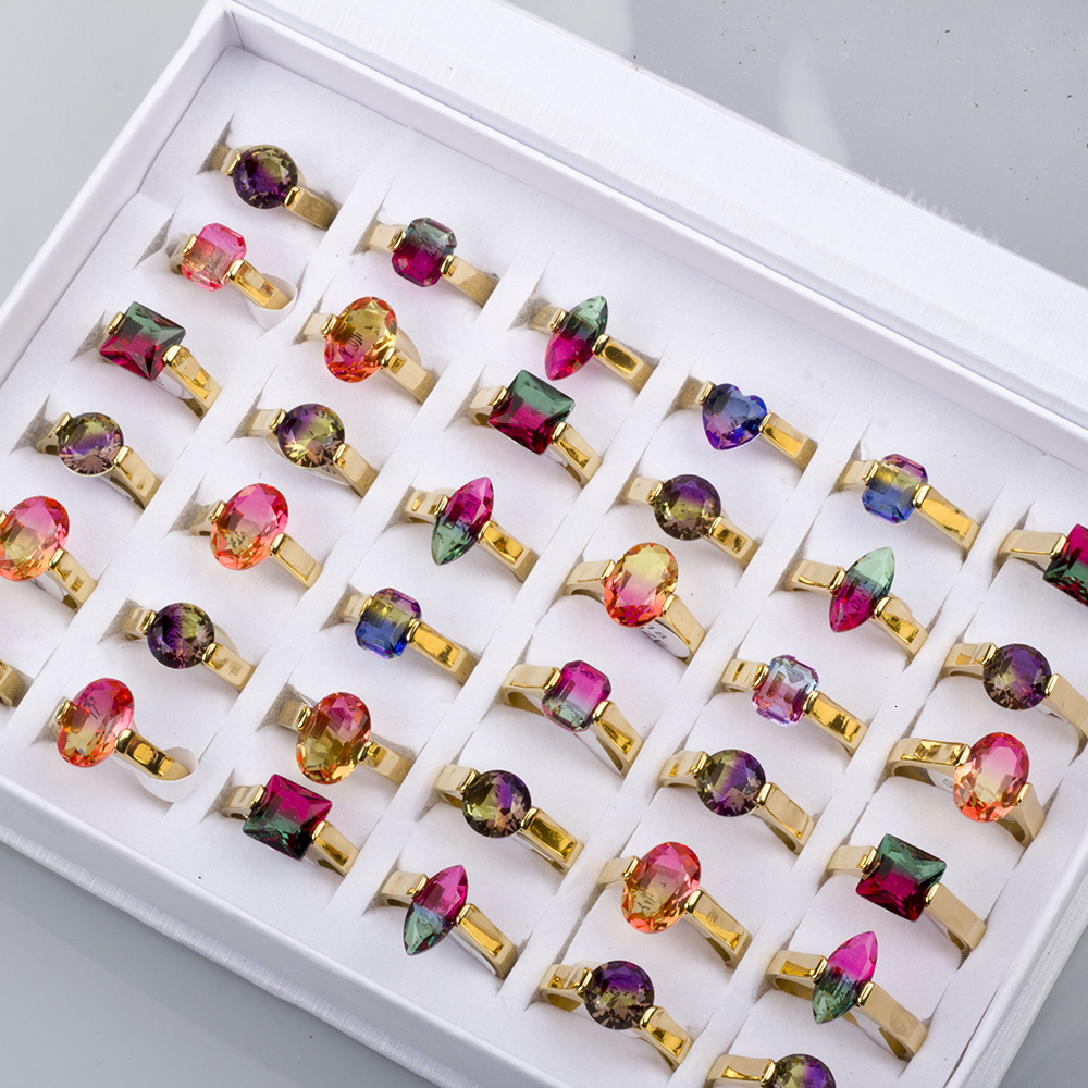 Solitaire Ring 24Pcs Stainless Steel Rainbow Tourmaline Rings For Women and Men Mix Style Wedding Band Fashion Jewelry Gift Wholesale 230810