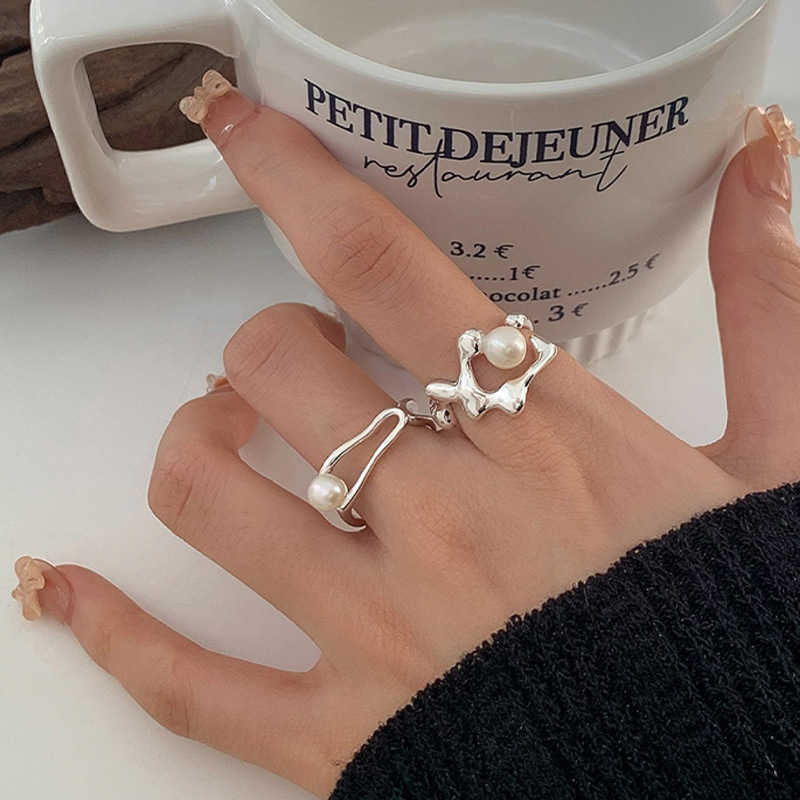 Band Rings Trendy 925 Sterling Silver Stacked Pearl Line Double Layer Opening Ring Adjustable for Women Sweet Minimalist Jewelry Gift