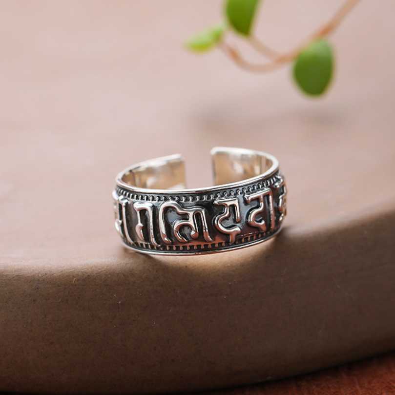 Band Rings S925 Sterling Silver Mantra Saint Religious Ring Thai Silver Six-character Mantra Cylinder Opening Adjustable Ring Jewelry