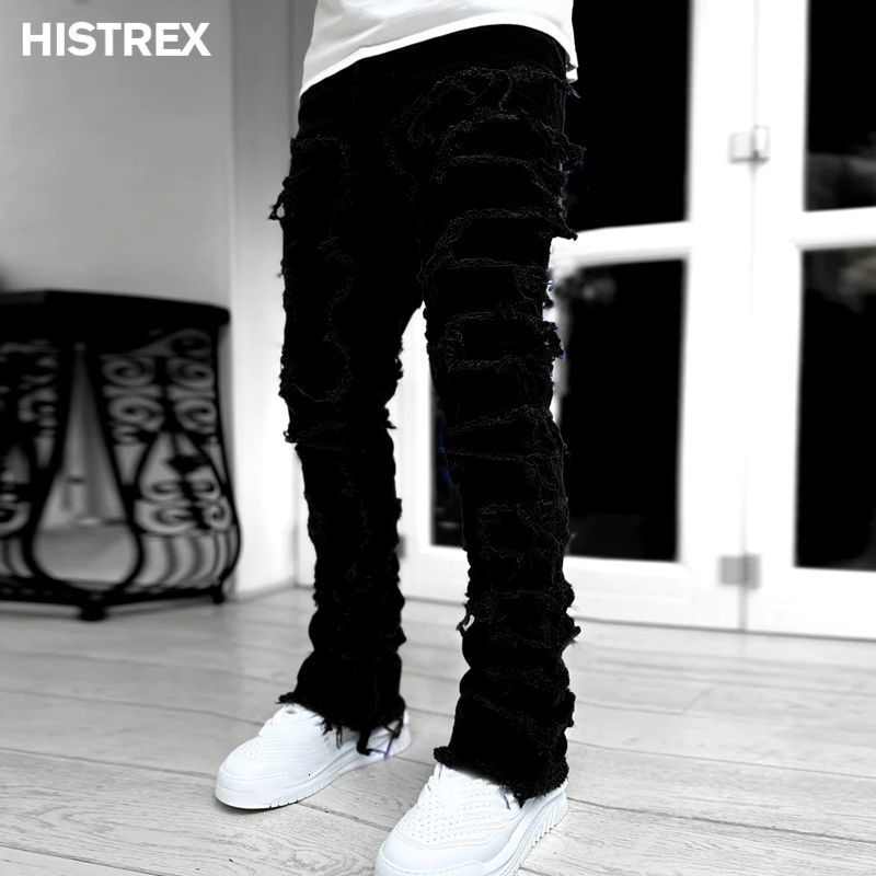Mens Jeans Quality Streetwise Stretch Patch Men European American Heavyweight Pants High Street Hip Hop Y2K Straight Fit Long 230810