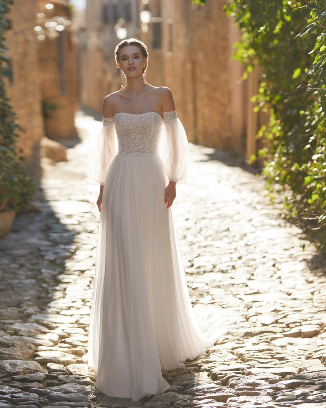 Strapless Tulle Elegant Boho Wedding Dresses Off the Shoulder Lace Appliques A-Line Sexy Side Split Bridal Gown