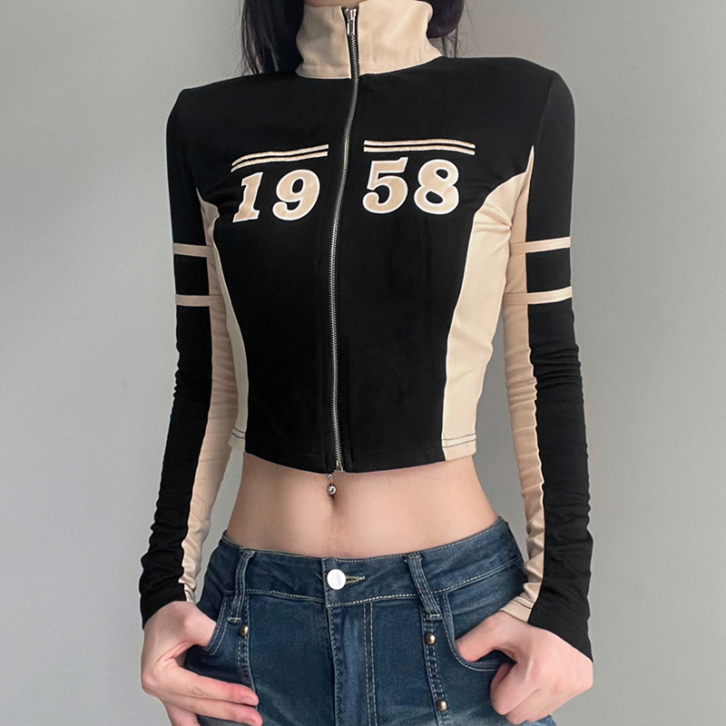 Womens Jackets Darlingaga Harajuku Patchwork Zip Up Autumn Jacket Female Sporty Casual Digital Skinny Turtleneck Coat Moto Biker Style Outwear 230809