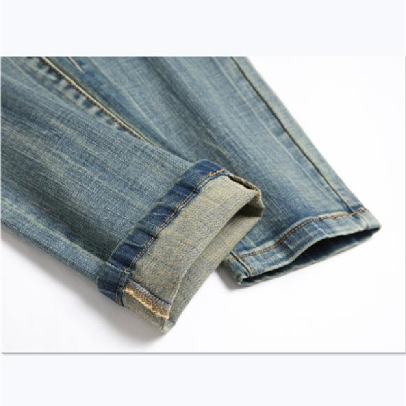 Mens Slim Fit Straight Jeans - Punk Style Embroidered Blue Back Pocket Fashion