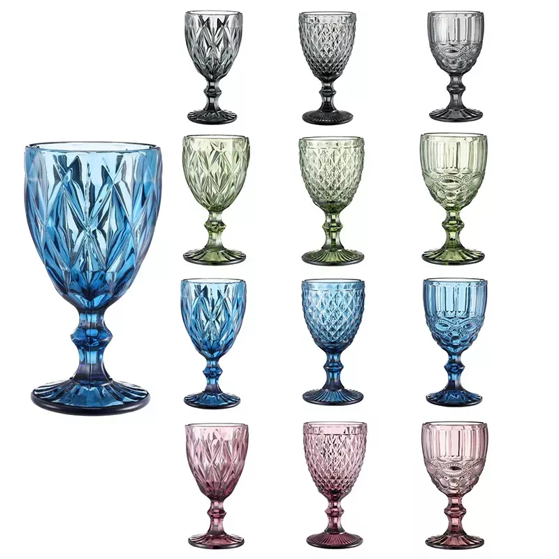 Vintage Wine tail Glass Cups Golden Edge Multi Colored Glassware Wedding Party Green Blue Purple Pink Goblets 10oz FY5509