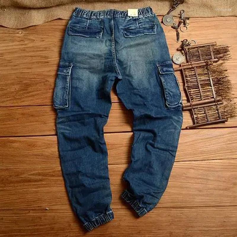 Men's Jeans Functional Large Pocket Cargo Vintage Elastic Waist Cropped Pencil Denim Pants Male
