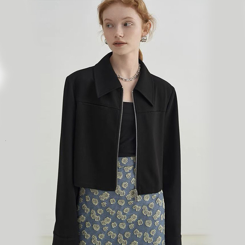 Women's Jacket Black Crop Jackets Y2K Korean Fashion Chic Turndown Collar Long Sleeve All Match Cardigan Autumn Casual Zipper Outerwear 230809