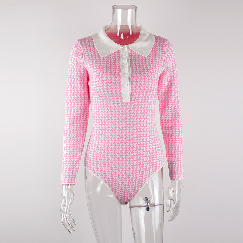 Women's Jumpsuits Rompers MEIYANGYOUNG Houndstooth Pink Bodysuit Women Knitted Overalls Shorts Long Sleeve Sweater Bodysuits Rompers Outfits For 