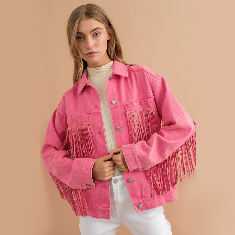 Womens Jackets Casual Denim Jacket Kpop Tassel Streetwear Vintage Washed Long Sleeve For Women Korean Fringe Loose Coat 230809