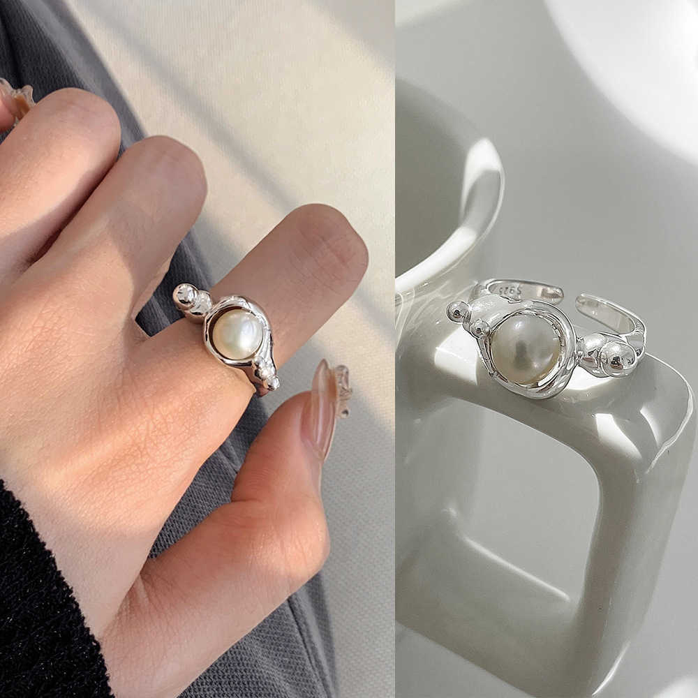 Band Rings Trendy 925 Sterling Silver Stacked Pearl Line Double Layer Opening Ring Adjustable for Women Sweet Minimalist Jewelry Gift