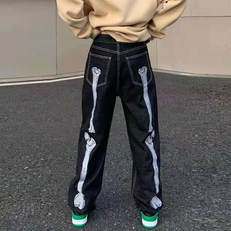 Mens Jeans Retro Skull Hand Bone Embroidery Washed Pants Vibe Style Straight Casual Oversize Denin Trousers Streetwear 230810