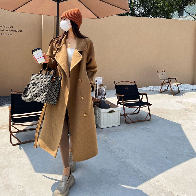 0C43M703 Autumn and Winter Women's Coat Double sided Cashmere Loose Coat Medium length Single breasted Thick Wool