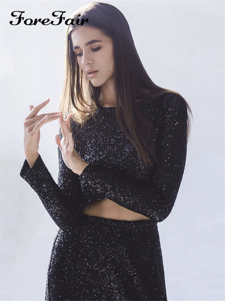 Two Piece Dress Forefair Y2k Sequins Skirt 2 Pieces Sets Women Summer Autumn Long Sleeve Chic Crop Top Bodycon And Mixi Party Club 230810