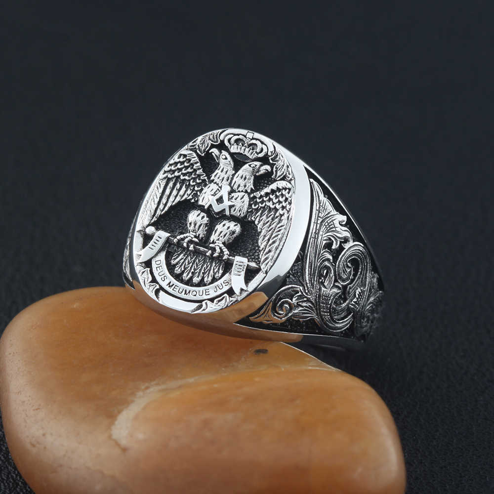 Band Rings Masonic Scottish Rite 33 Degree Double Head Eagle Phoenix Hand Engraved Sterling Silver Ring