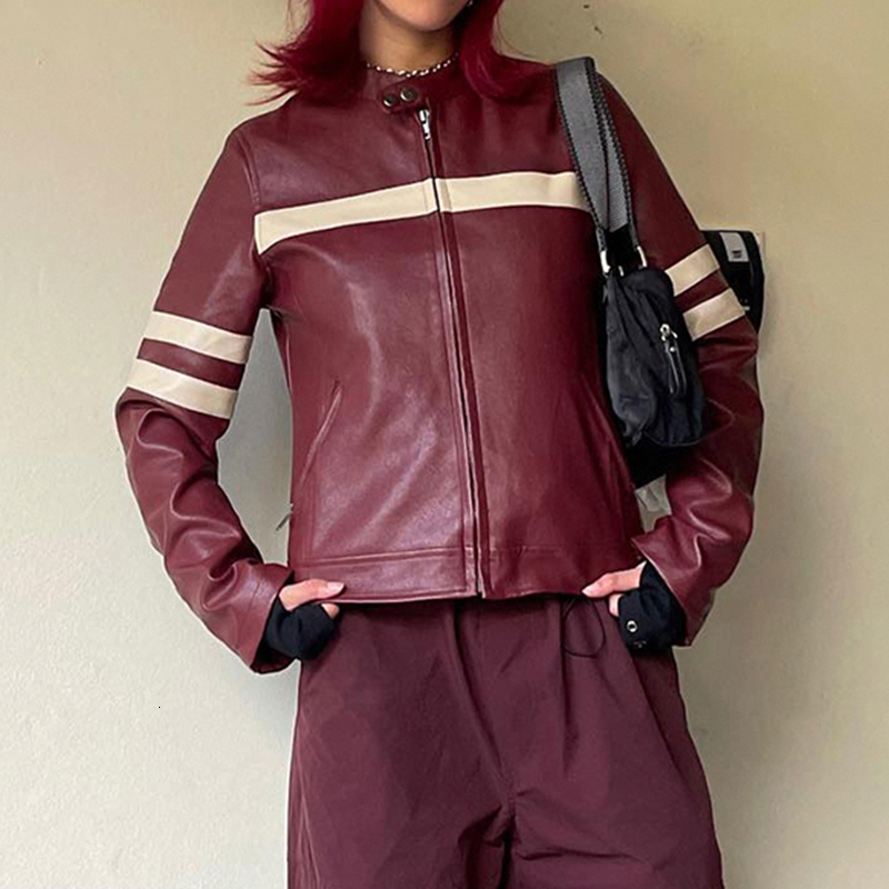 Womens Jackets Darlingaga Streetwear Stripe Stitched Zipper Leather Jacket Female Moto Biker Style Autumn Winter Coat Harajuku Outwear PU Coats 230809