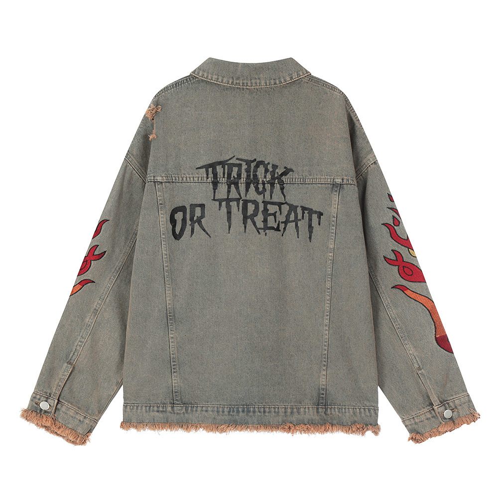 Mens Jackets Streetwear Vintage Denim Jacket Flame Embroidery Hip Hop Harajuku Jeans Retro Worn Out Coat 230810