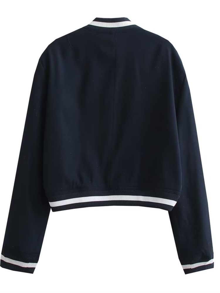 Women's Jacket's Dark Blue Cropped Baseball Jacket Stripe Stitching Pockets Coats With Buttons 2023 Spring Ladies Streetwear Chic Clothes 23