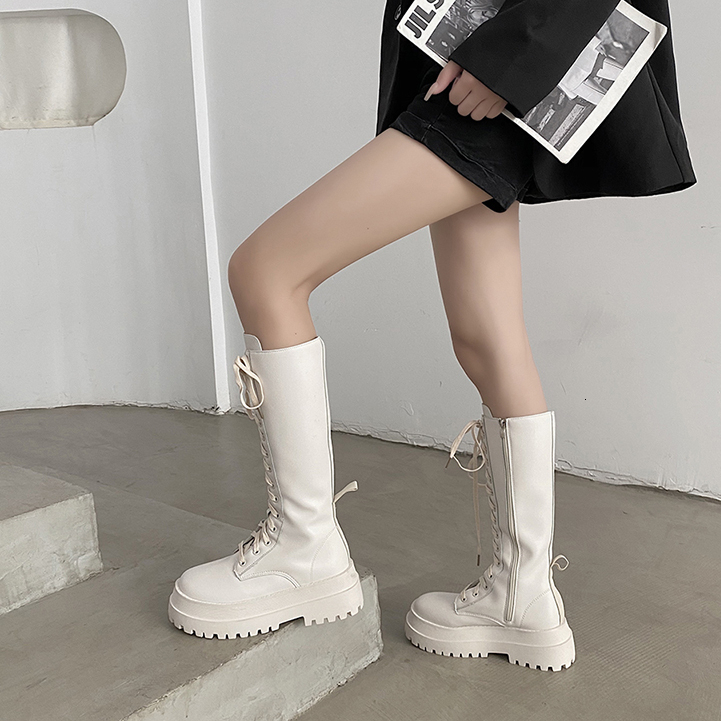 Boots Women Motorcycle Knee-high Boots Woman Fashion Thick Sole Platform Flats Heels Zipper Botas Femininas Long Booties 230809