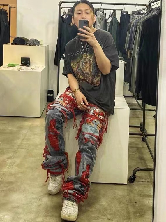 Mens Jeans High Street Hip Hop Destroy Brushed Embroidered Baggy Casual Straight Leg Denim Pants Man Women 230810