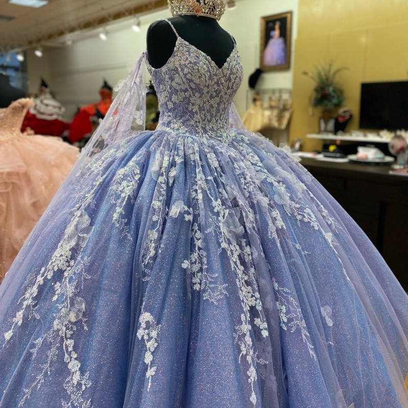 Blue Shiny Ball Gown Quinceanera Dress Applique 3DFlower With Shawl Sleeves Beaded Princess Dress Lace Long Sweet 15 Dress