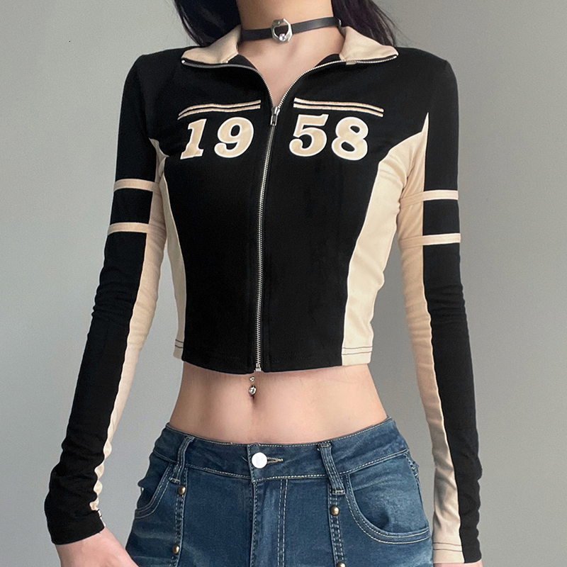 Womens Jackets Darlingaga Harajuku Patchwork Zip Up Autumn Jacket Female Sporty Casual Digital Skinny Turtleneck Coat Moto Biker Style Outwear 230809