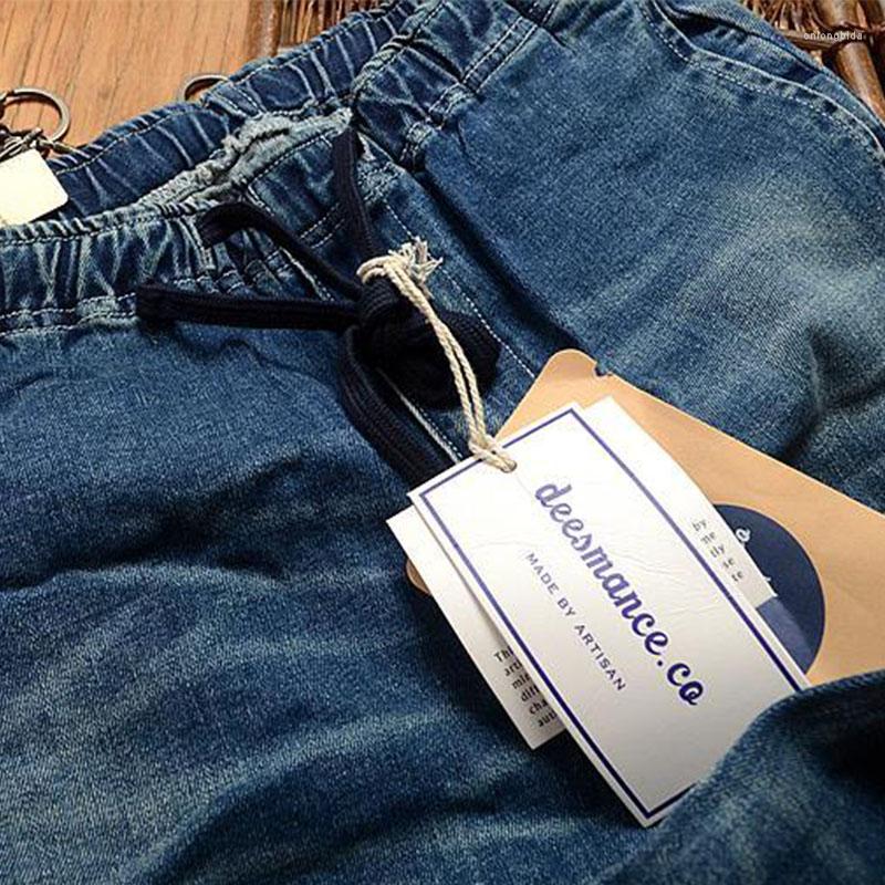 Men's Jeans Functional Large Pocket Cargo Vintage Elastic Waist Cropped Pencil Denim Pants Male