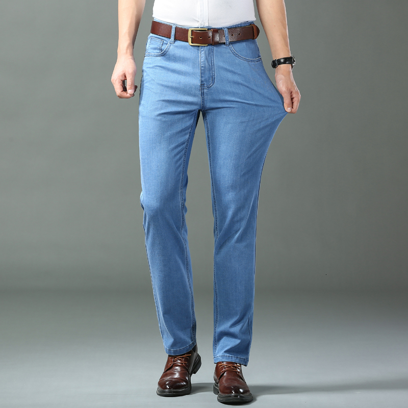 Mens Jeans Spring Summer Thin Denim Straight Cotton Stretch Men Business Casual Cloth High Waist Ice Silk Lightweight Trousers 230810