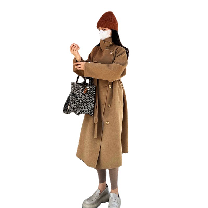 0C43M703 Autumn and Winter Women's Coat Double sided Cashmere Loose Coat Medium length Single breasted Thick Wool