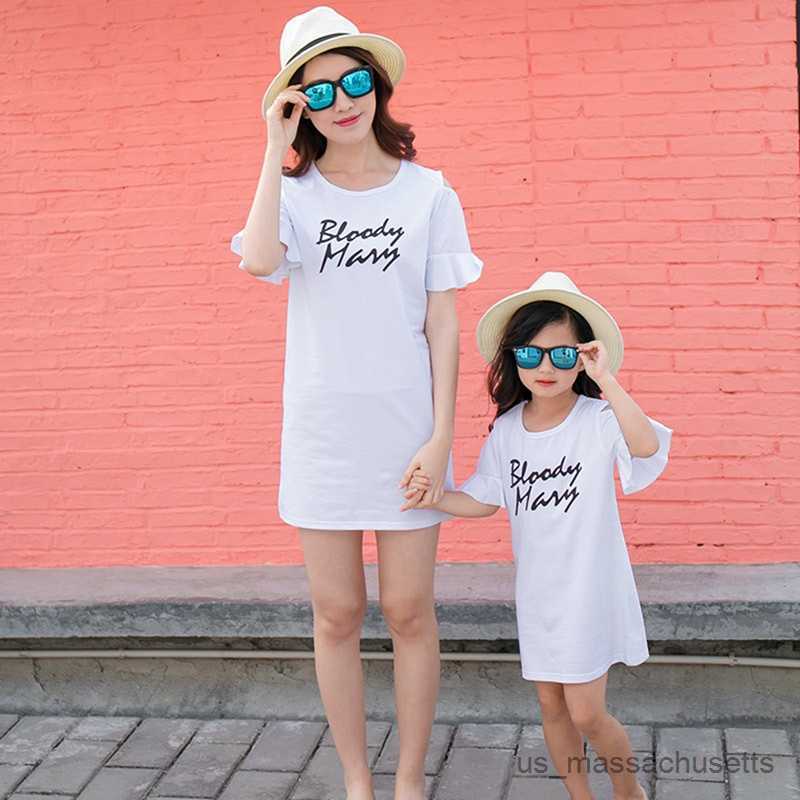 Family Matching Outfits Family Matching Clothes Summer Mum Daughter White Tshirt+Lace Skirt Mommy and Me Clothes Matching Family Outfits Kids Girl Ski