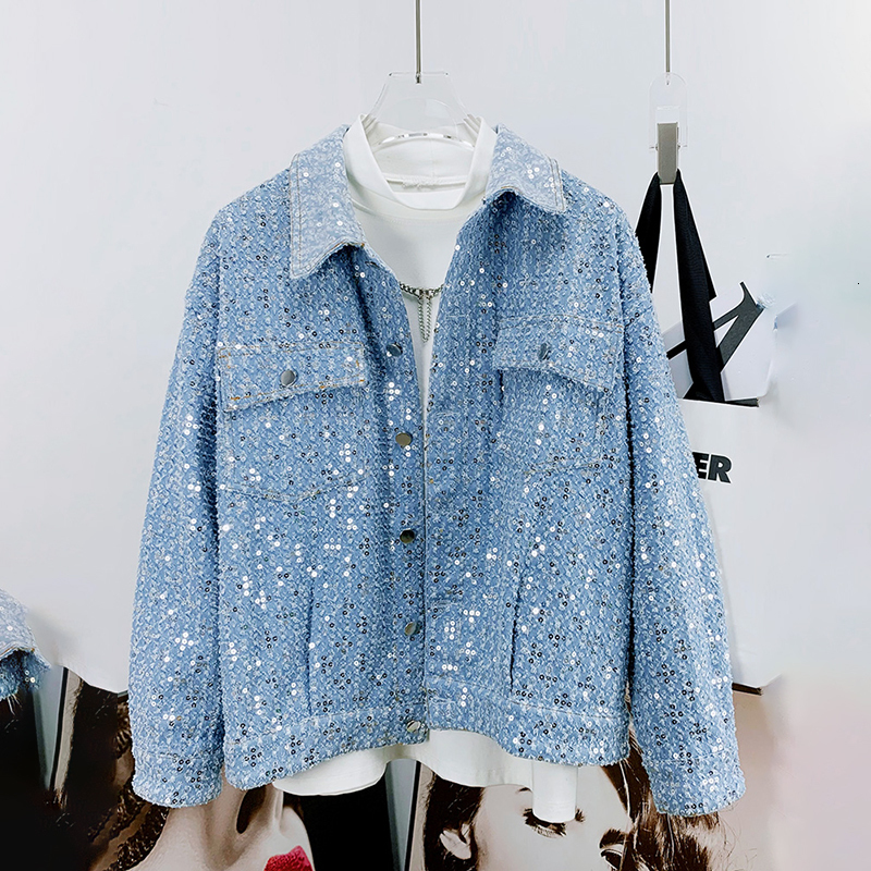 Men's Sequined Denim Jacket Autumn Fashion Casual Bead Safari Style Worn Out High Street Pocket Versatile Coat Polyester