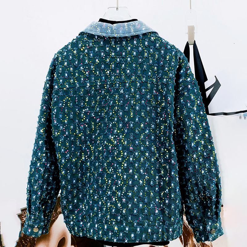 Men's Sequined Denim Jacket Autumn Fashion Casual Bead Safari Style Worn Out High Street Pocket Versatile Coat Polyester