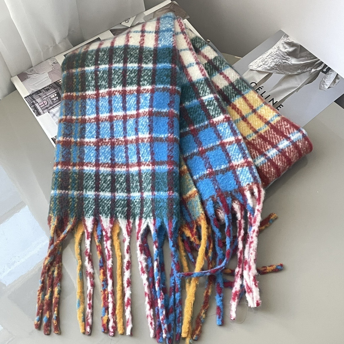 Scarves Vintage Colorful Plaid Cashmere Tassel Scarf Thickened Warm Winter Casual Korean Scarf Shawl Pashmina Mohair Scarf for Women Men 230810