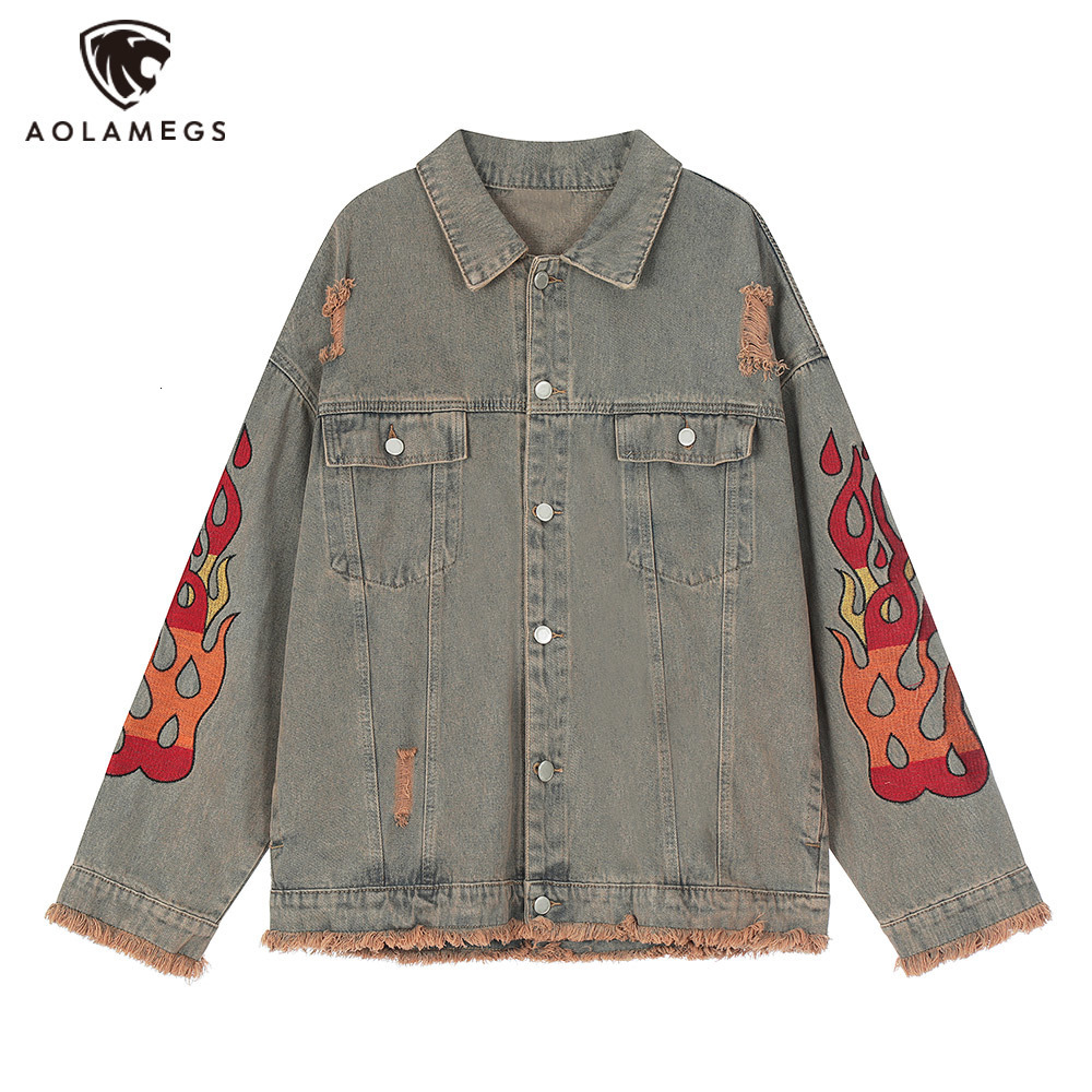 Mens Jackets Streetwear Vintage Denim Jacket Flame Embroidery Hip Hop Harajuku Jeans Retro Worn Out Coat 230810