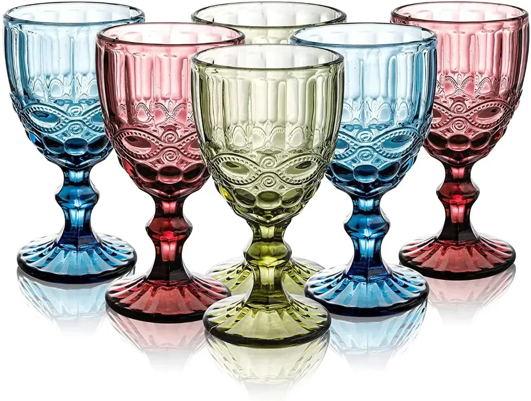Vintage Wine tail Glass Cups Golden Edge Multi Colored Glassware Wedding Party Green Blue Purple Pink Goblets 10oz FY5509