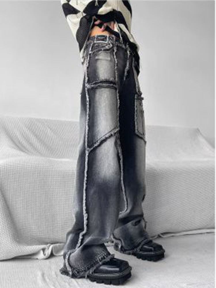 Mens Jeans Pants Autumn Vintage Wash Rough Edge Straight Tube Splicing Male High Street Wide Leg Trousers Fashion 230810