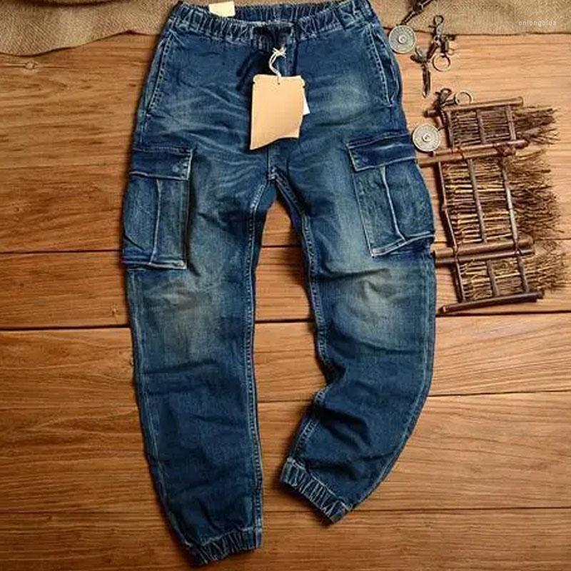Men's Jeans Functional Large Pocket Cargo Vintage Elastic Waist Cropped Pencil Denim Pants Male