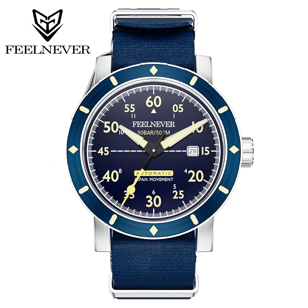 Wristwatches FeelNever Professional Outdoor Sports 8215 Men Automatic Mechanical Watches Sapphire 50Bar Diving Nylon Strap reloj hombre 230809
