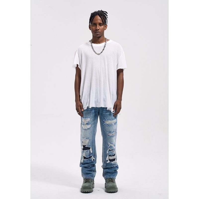 Mens Jeans Washed vintage jeans patchwork damaged denim loose casual men distressed ripped y2k for 230809